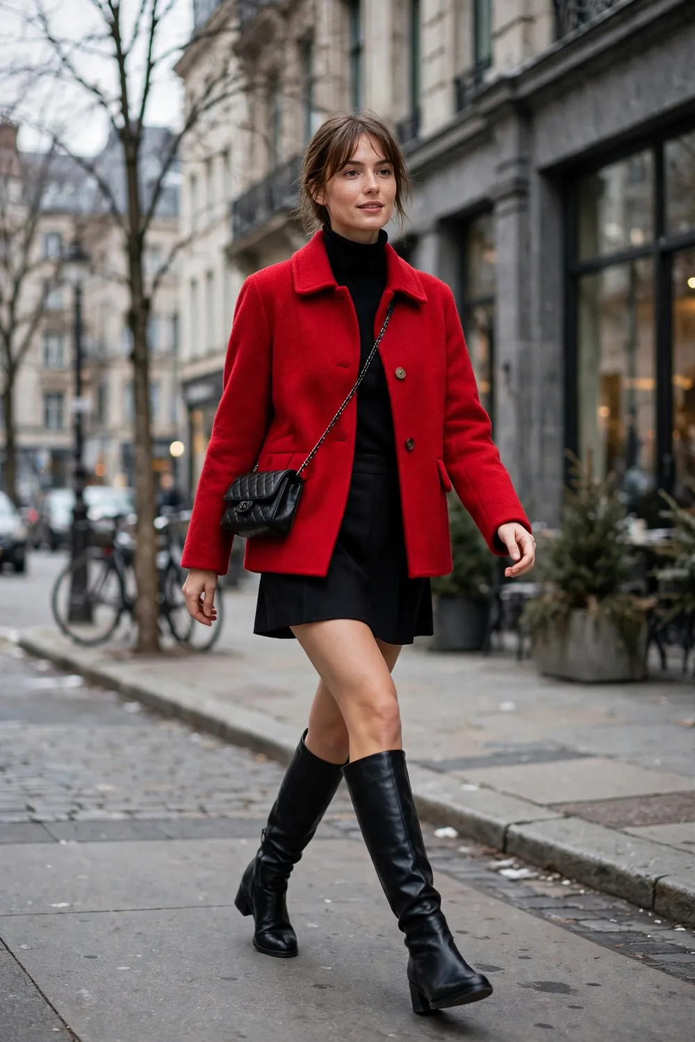 Petite woman in short red wool coat with knee high boots