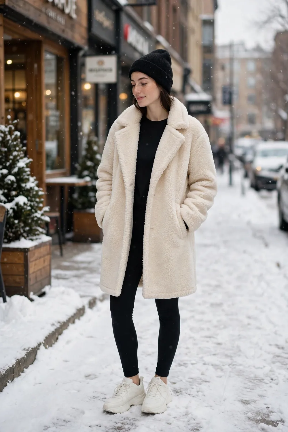 Petite woman in cream teddy coat with leggings and sneakers