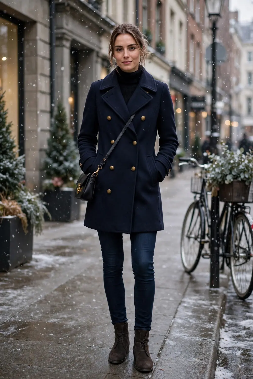 Petite woman in double breasted navy peacoat with jeans