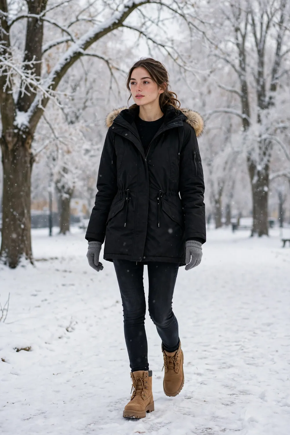 Petite woman in black parka with fur hood in snow