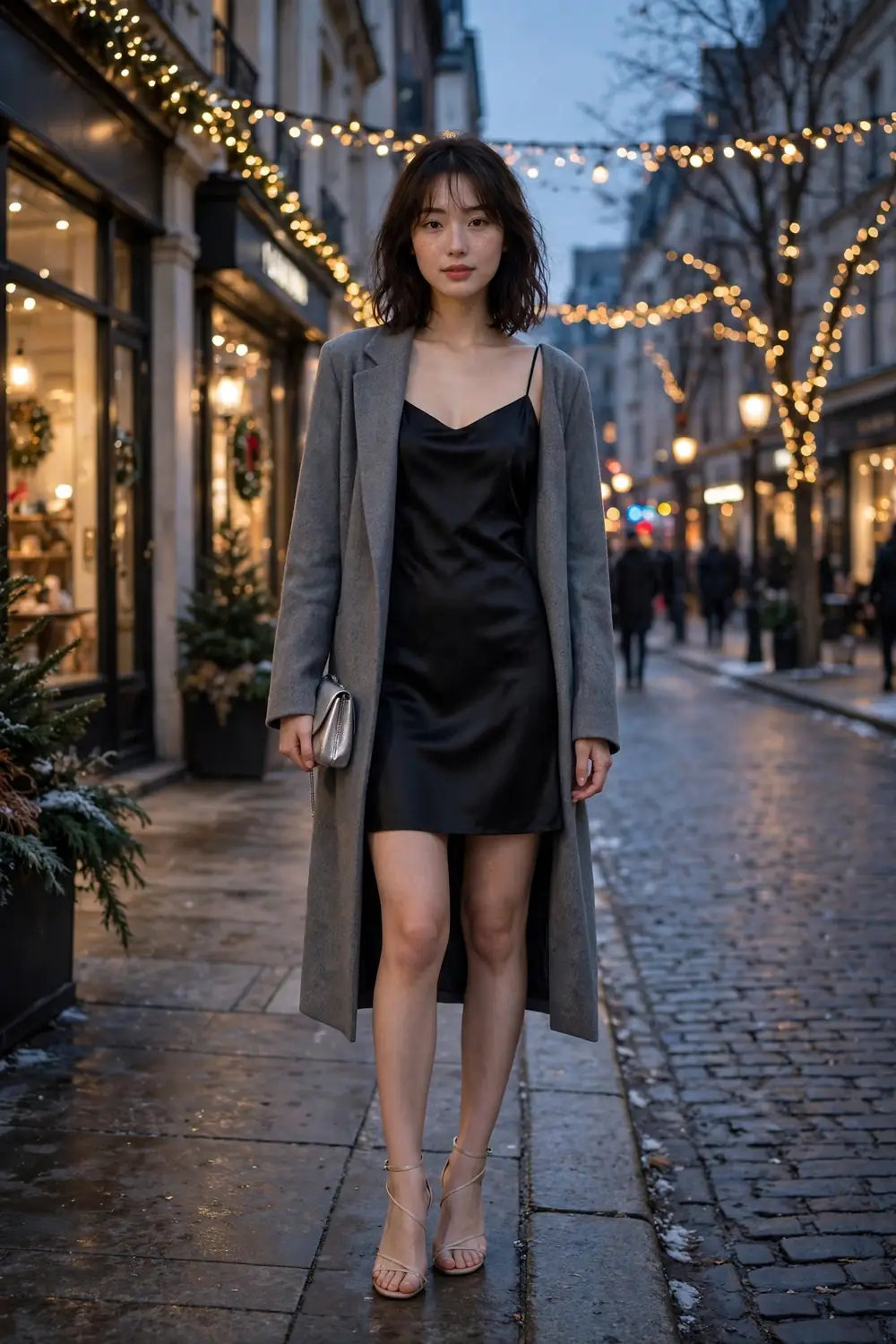 Petite woman in longline grey blazer coat over slip dress
