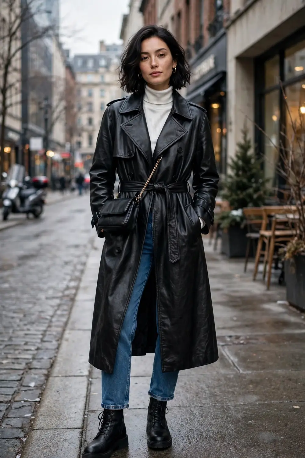 Petite woman in black leather trench coat with white turtleneck