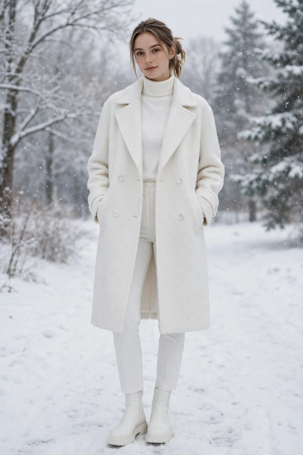 Petite woman in white wool coat over all white winter outfit
