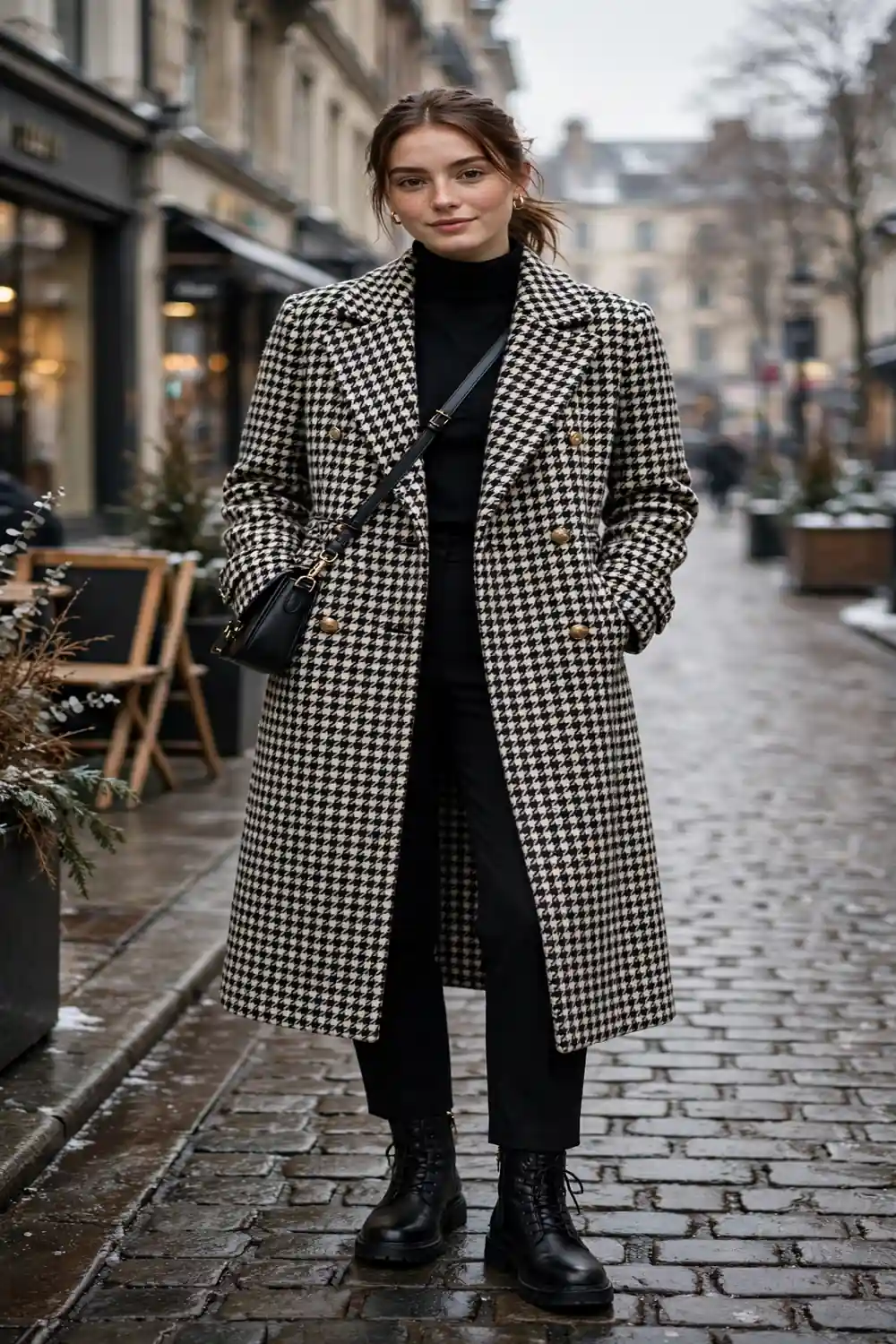 Petite woman in houndstooth wool coat with black trousers