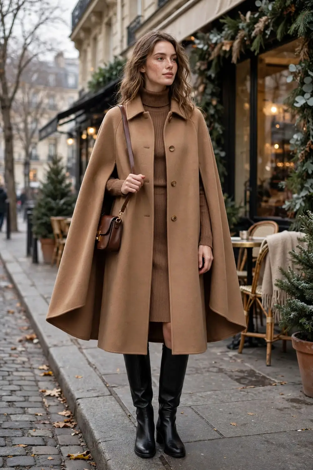 Petite woman in camel cape coat with turtleneck dress and boots