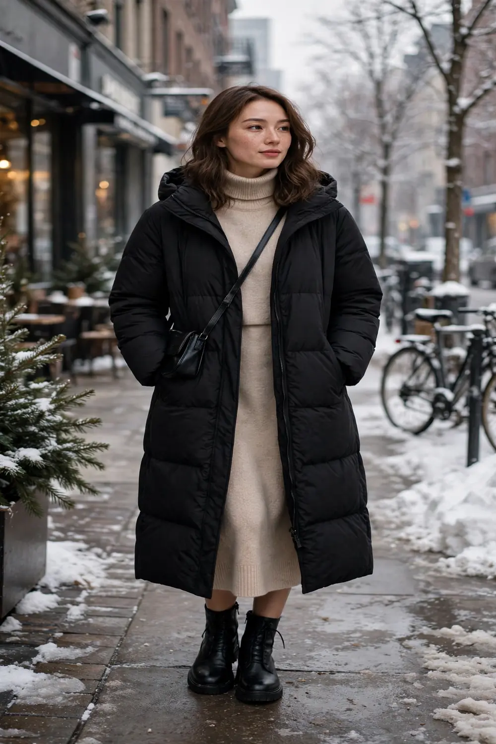 Petite woman in black down coat over beige turtleneck dress