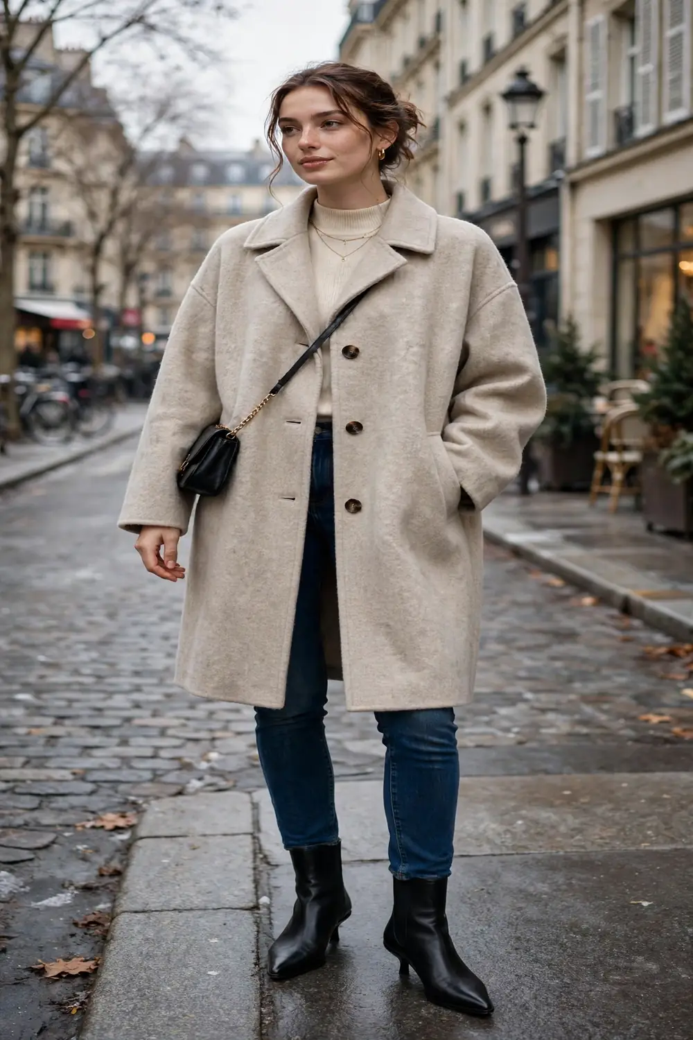 Petite woman in oatmeal wool cocoon coat with slim jeans