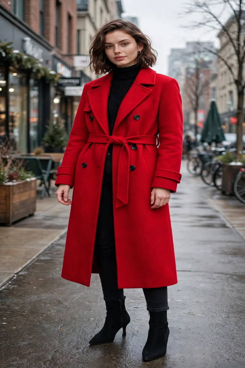 Petite woman in bold red long coat with black jeans and boots
