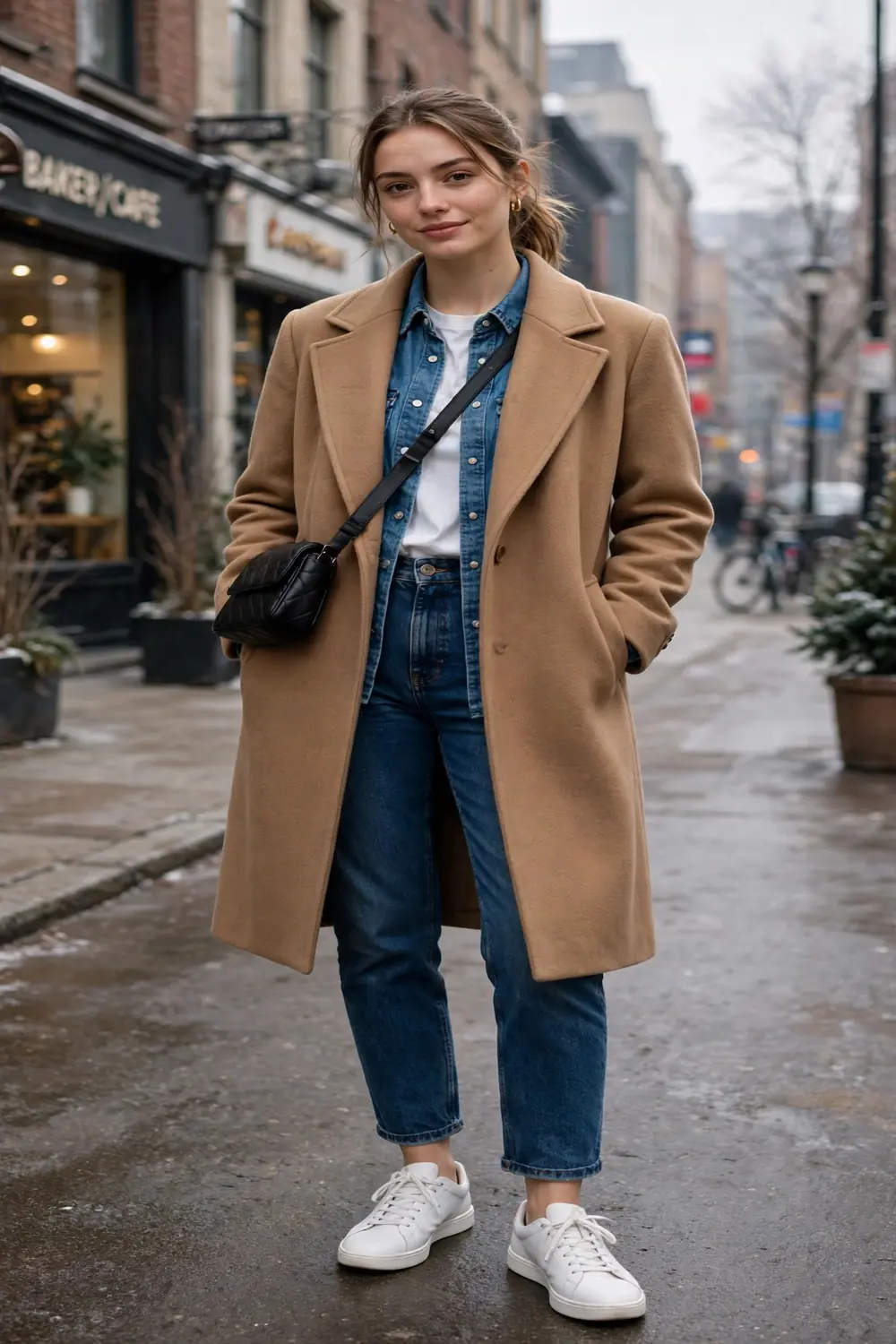 Petite woman in camel coat over denim shirt and jeans