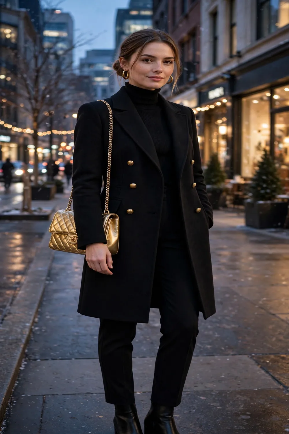 Petite woman in tailored black coat with gold earrings and bag