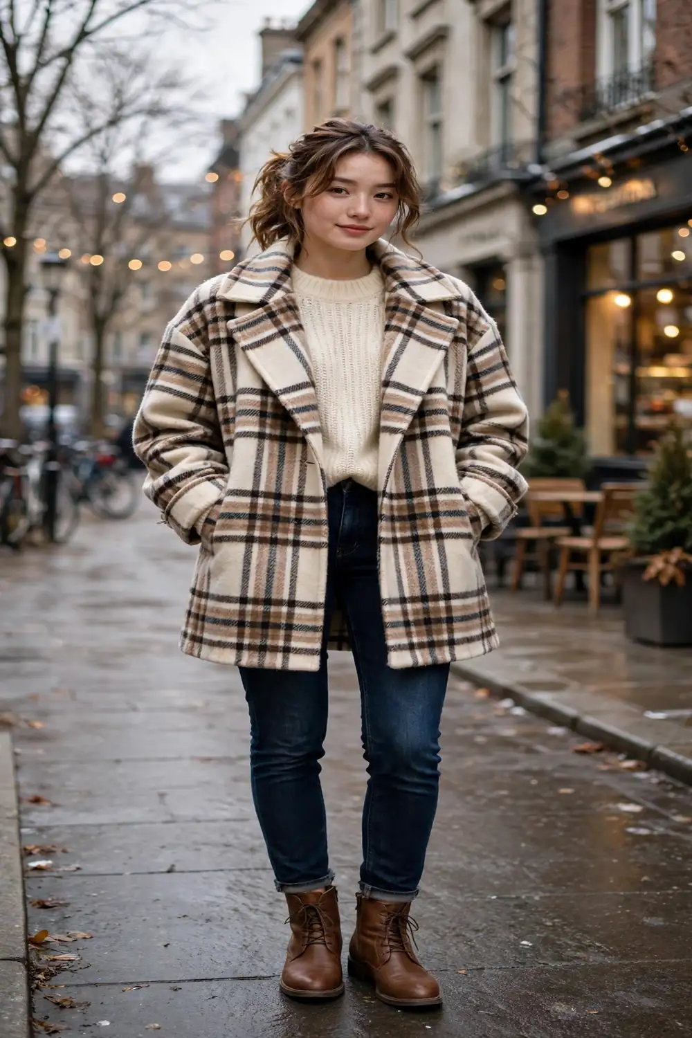 Petite woman in plaid blanket coat with cream sweater and jeans