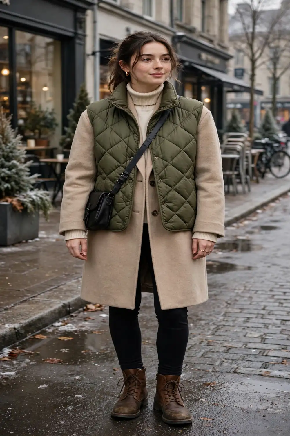 Petite woman layering quilted olive vest over beige wool coat