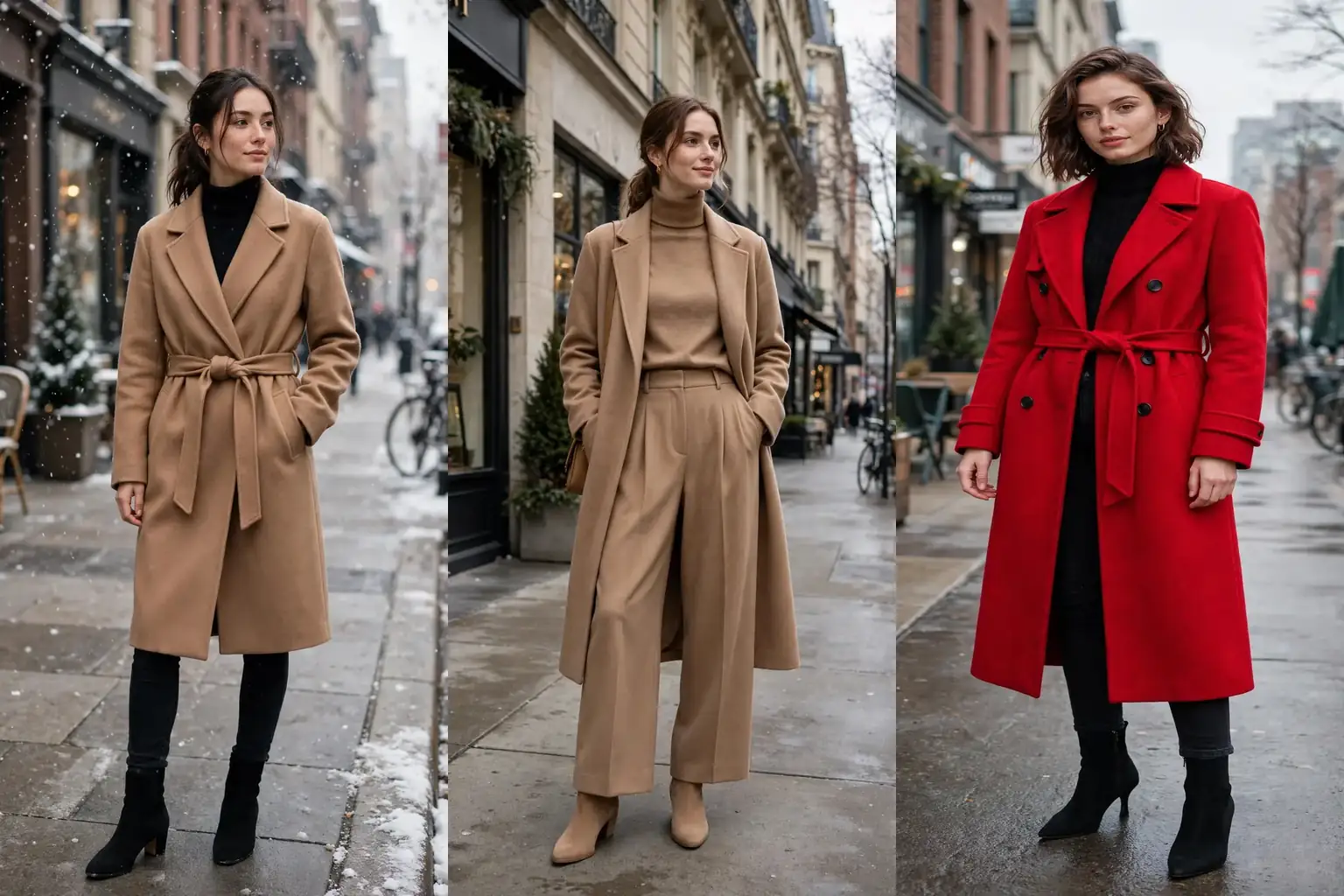 Collage of three winter coat outfits for petite women