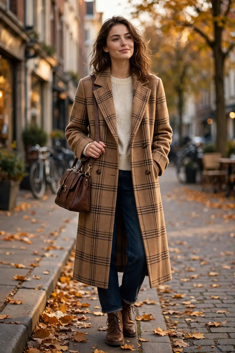Woman wearing long camel plaid wool coat over cream sweater and dark jeans