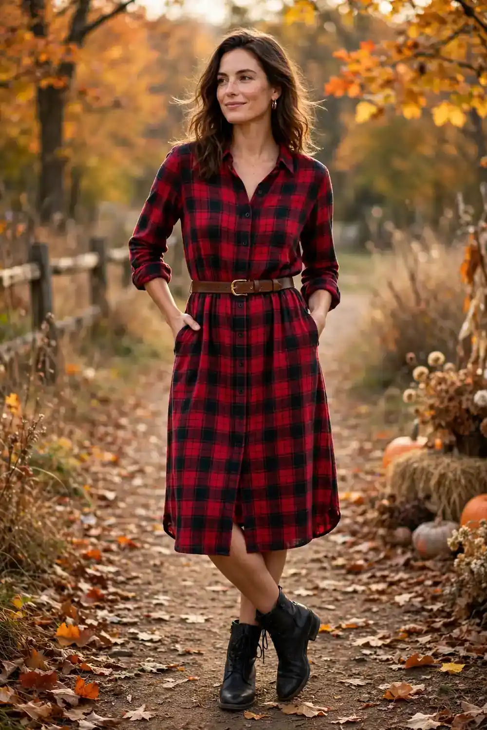 Woman wearing red and black plaid flannel shirt dress cinched with belt and ankle boots