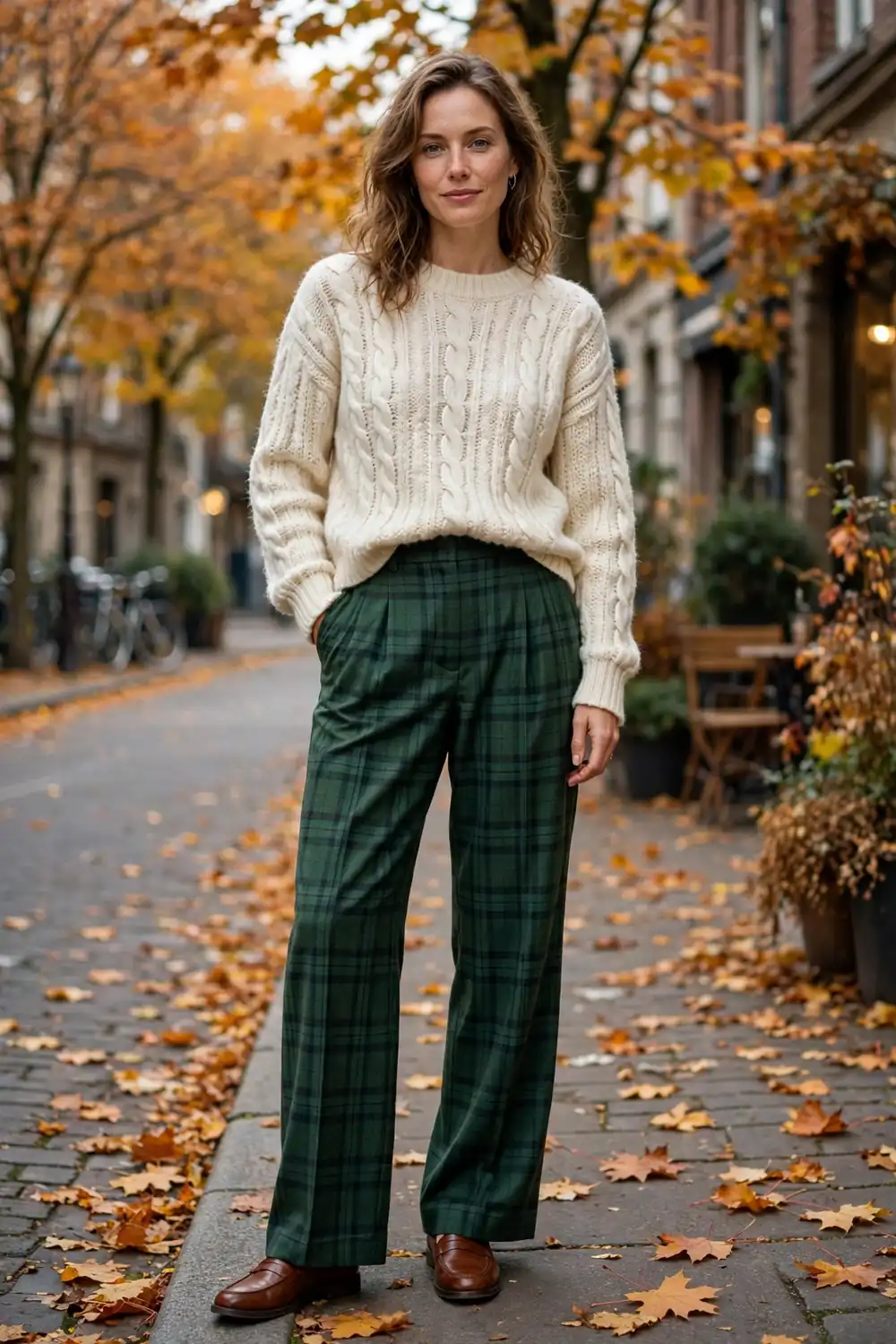 Woman wearing forest green plaid wide leg trousers with cream knit sweater