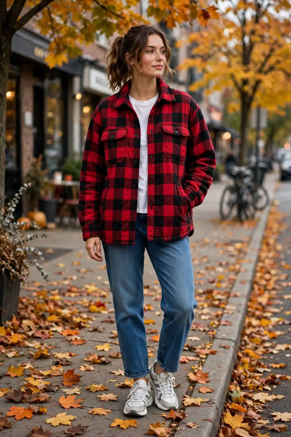 Woman wearing red and black buffalo check shacket over white top and jeans