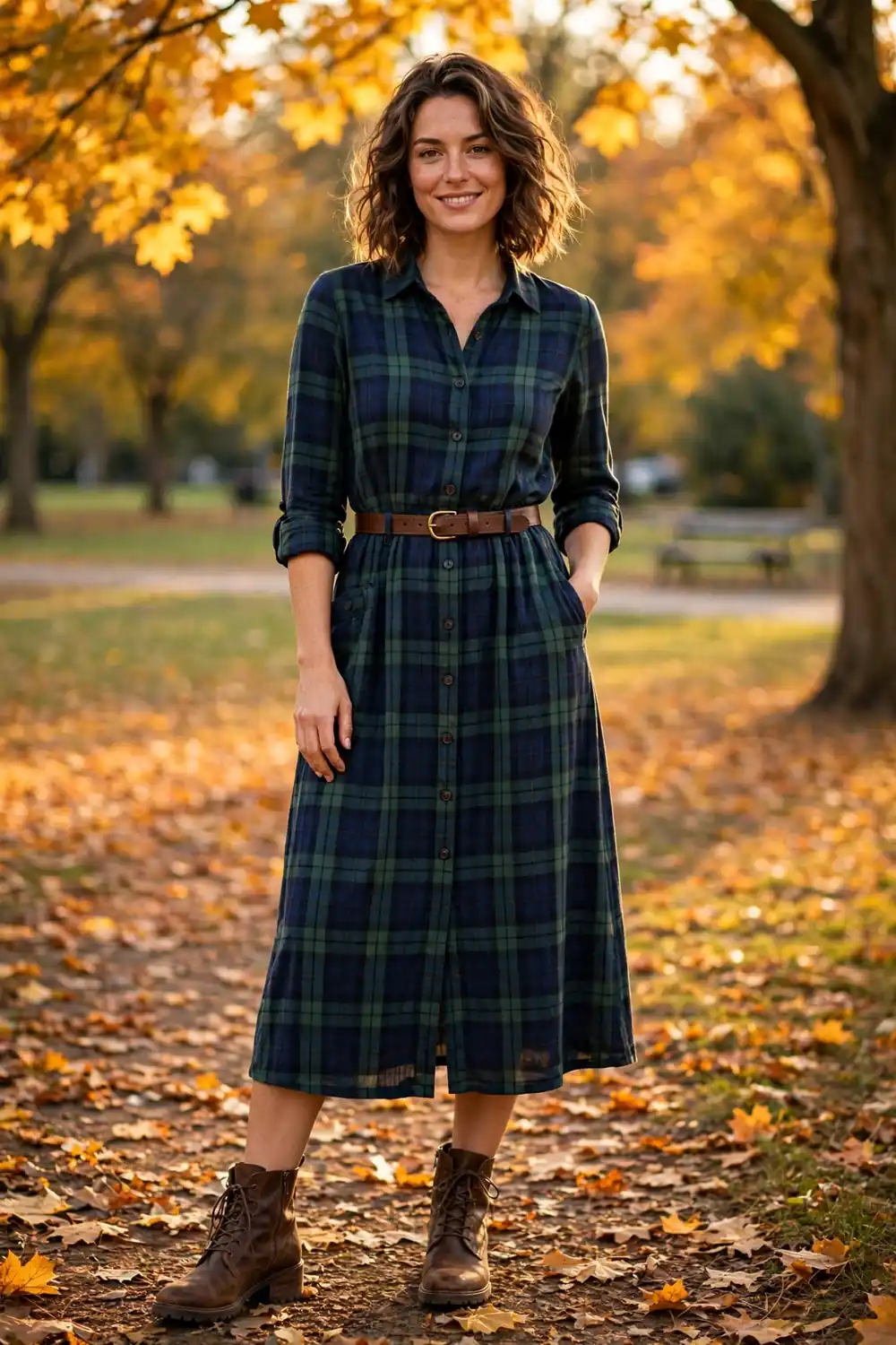 Woman wearing navy and green plaid midi dress with brown leather ankle boots