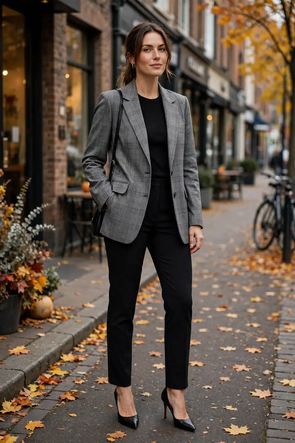Woman wearing grey windowpane plaid blazer with black top and trousers