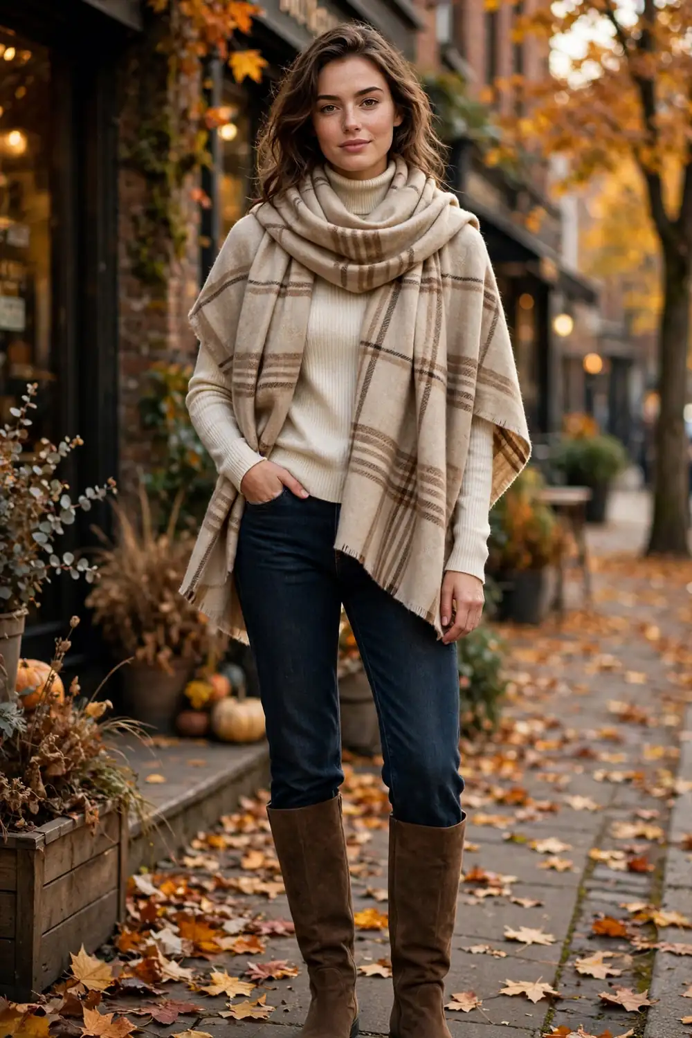 Woman wearing cream turtleneck and dark jeans with oversized beige plaid blanket scarf
