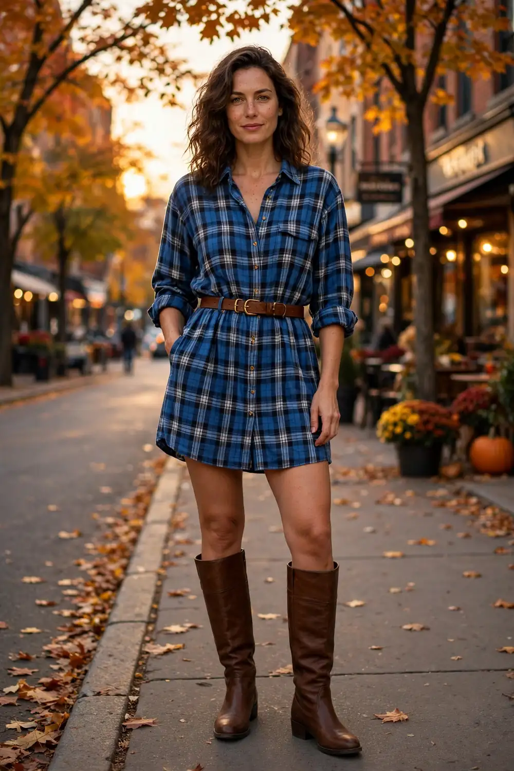 Woman wearing oversized blue plaid shirt as mini dress with brown belt and knee high boots
