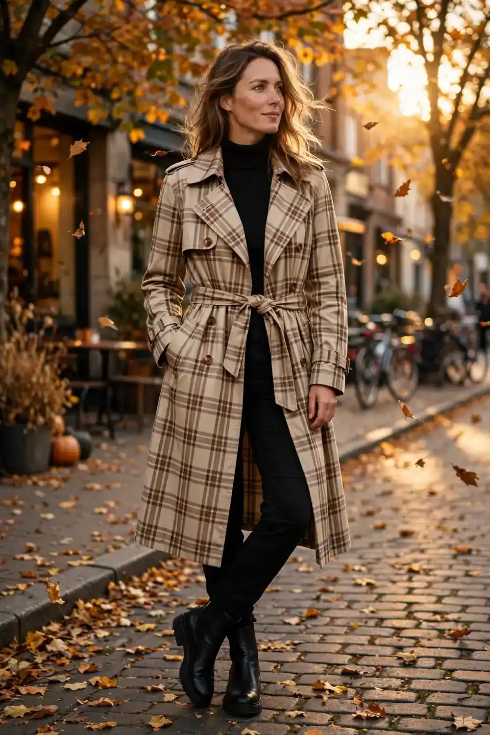 Woman wearing beige and brown plaid trench coat over black outfit