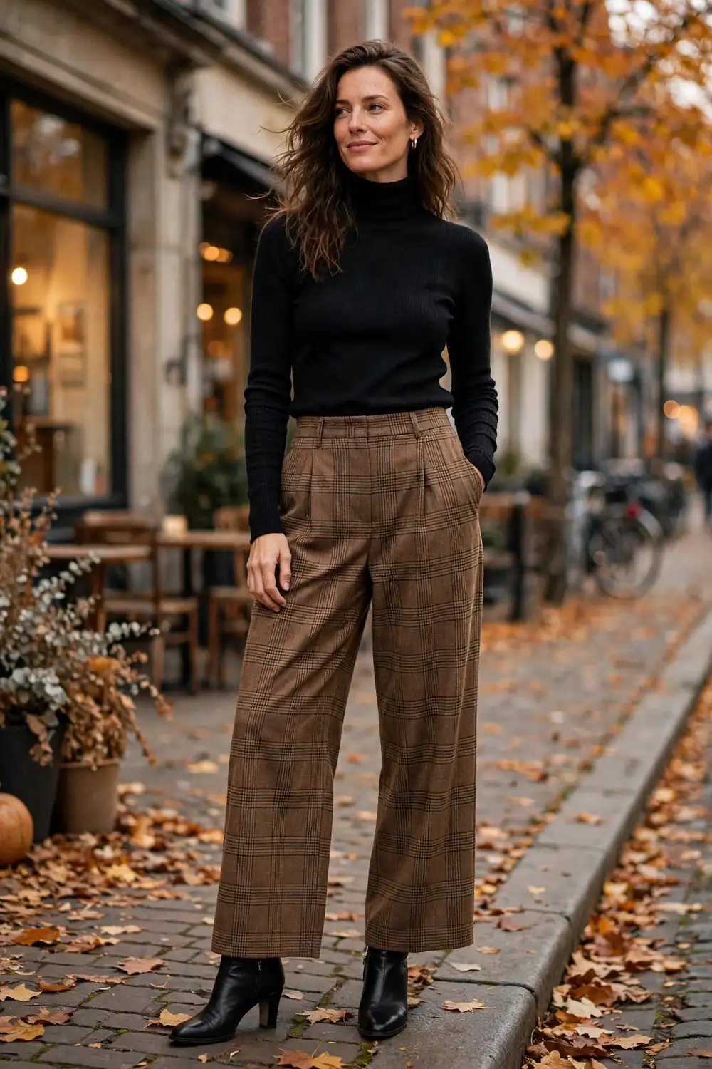 Woman wearing brown plaid wide leg pants with fitted black turtleneck