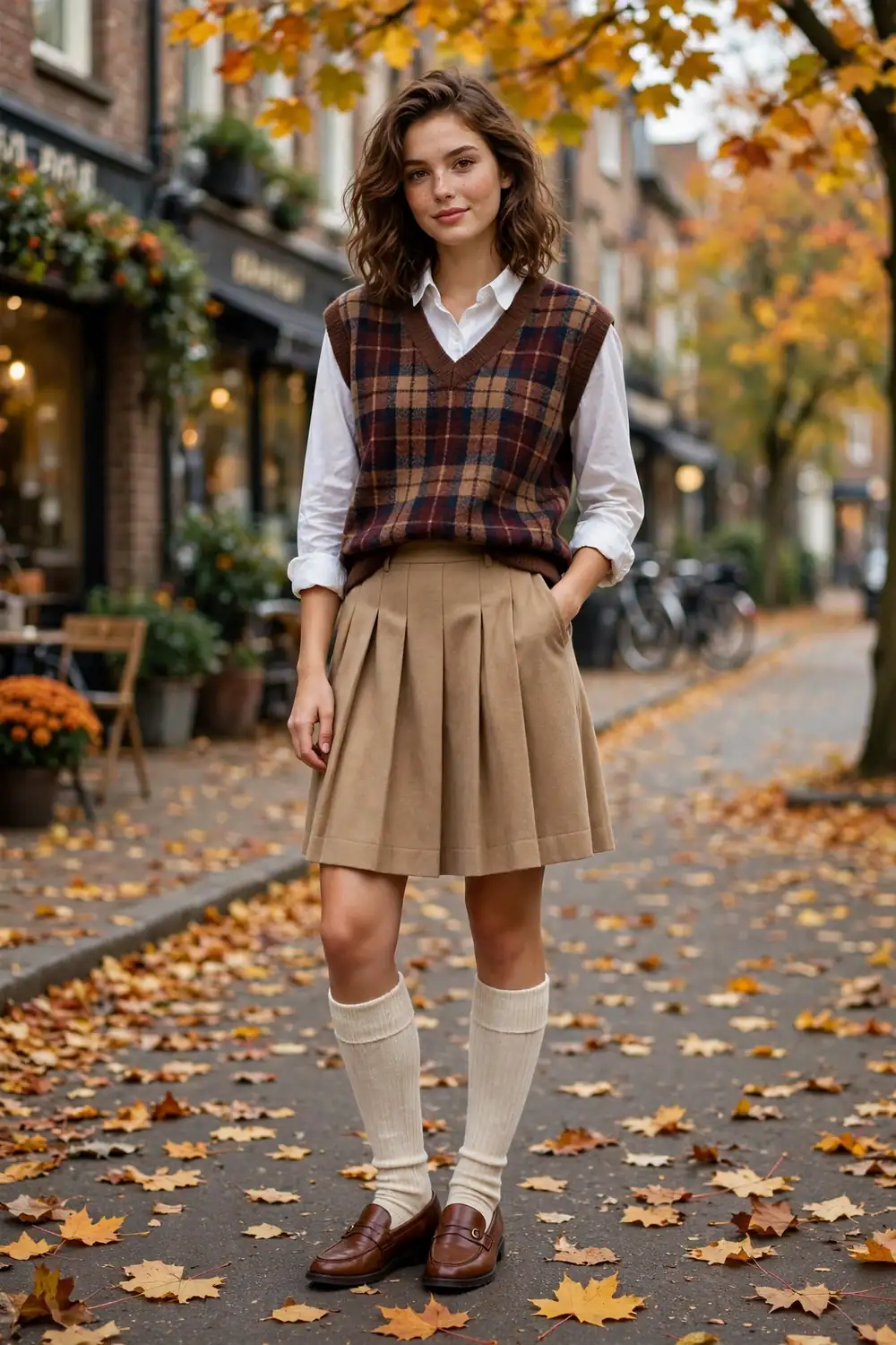 Woman wearing plaid sweater vest over white button down shirt with pleated skirt