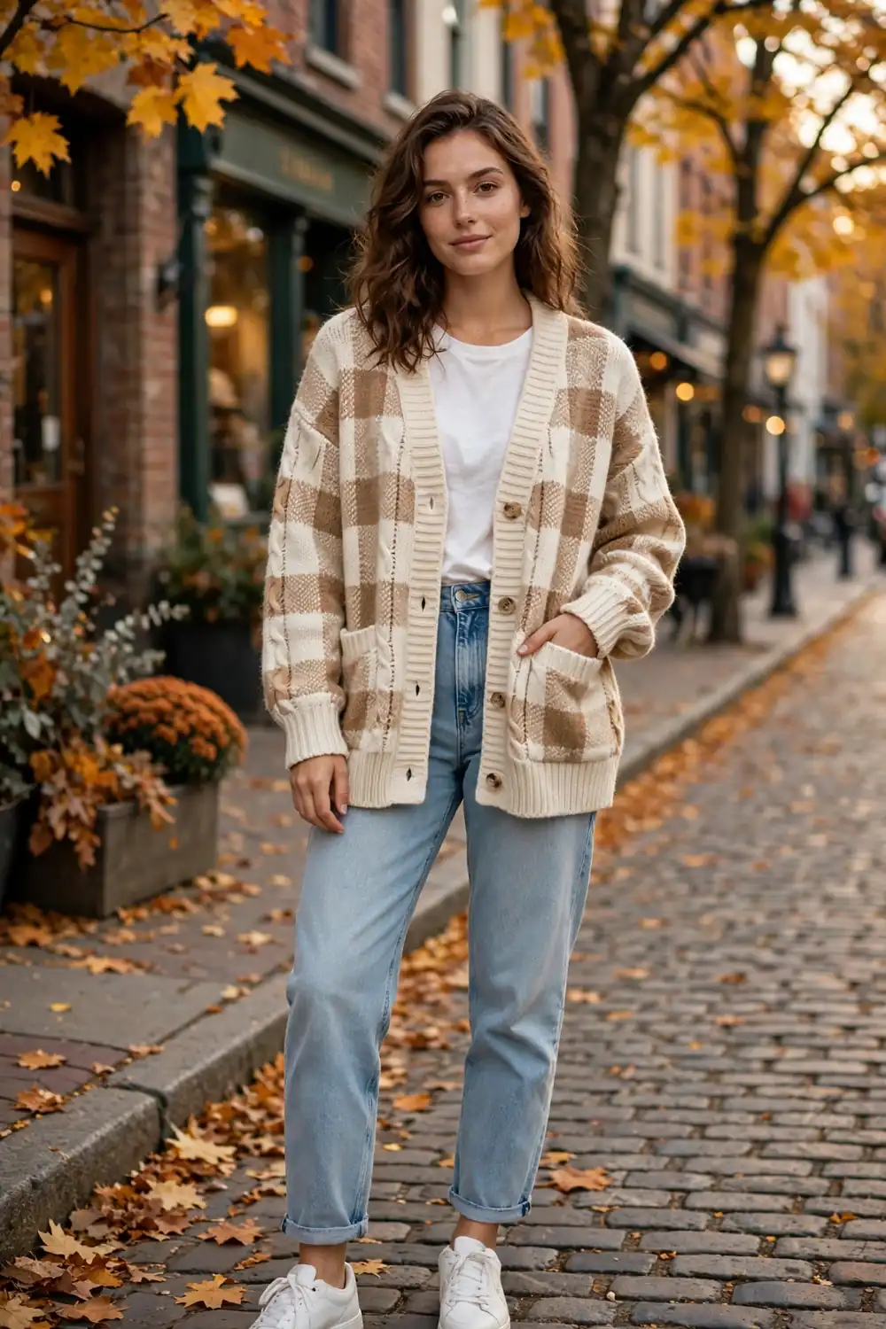 Woman wearing cream and tan plaid knit cardigan with light wash jeans