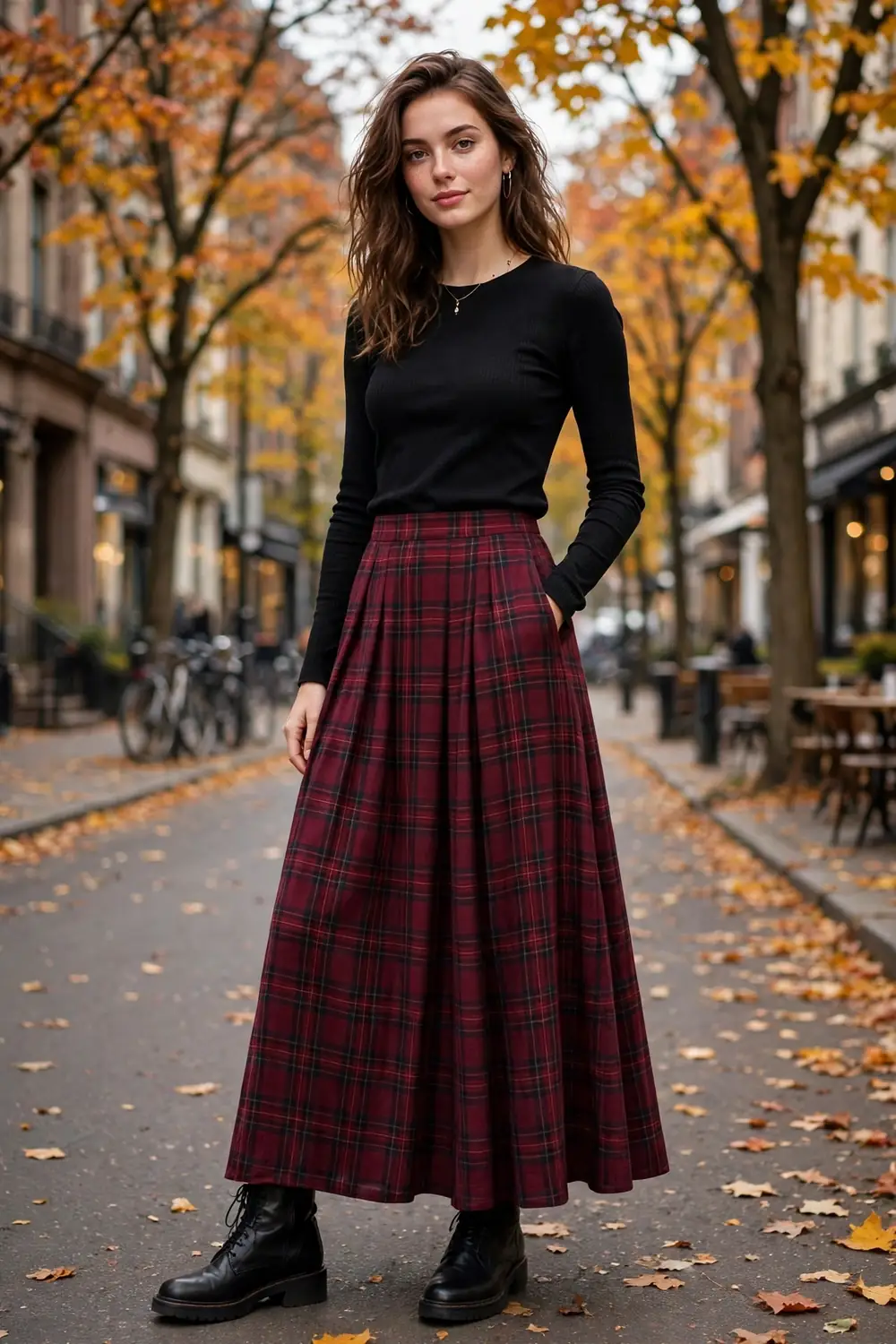 Woman wearing long burgundy plaid maxi skirt with black fitted top