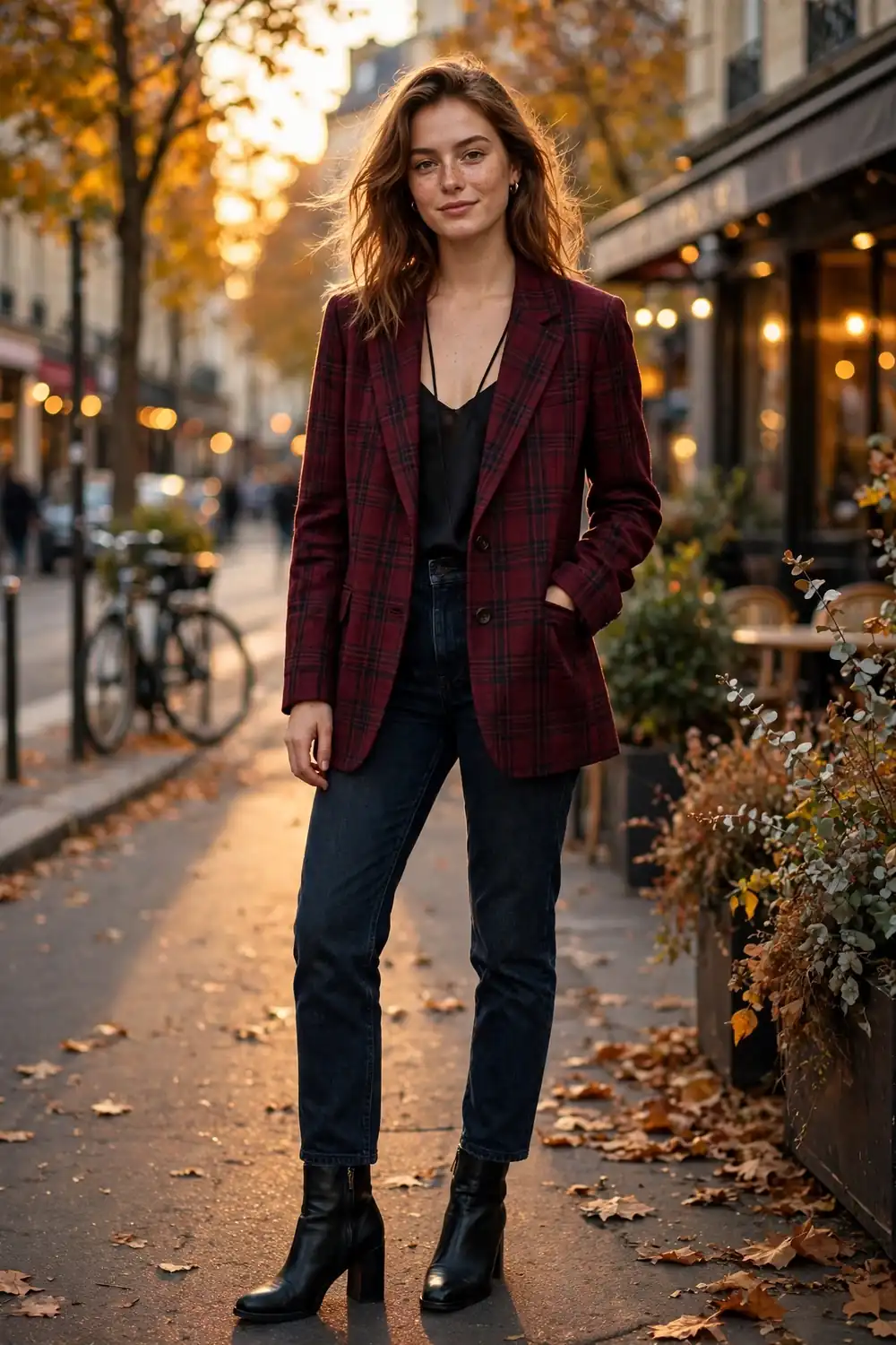 Woman wearing burgundy plaid blazer with black camisole and dark jeans