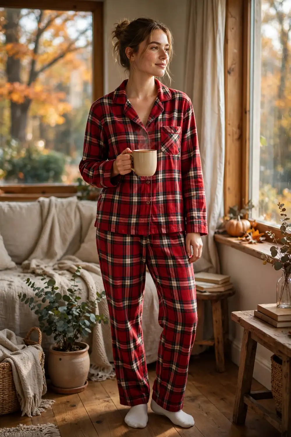 Woman wearing soft red plaid flannel pajama set at home holding warm mug