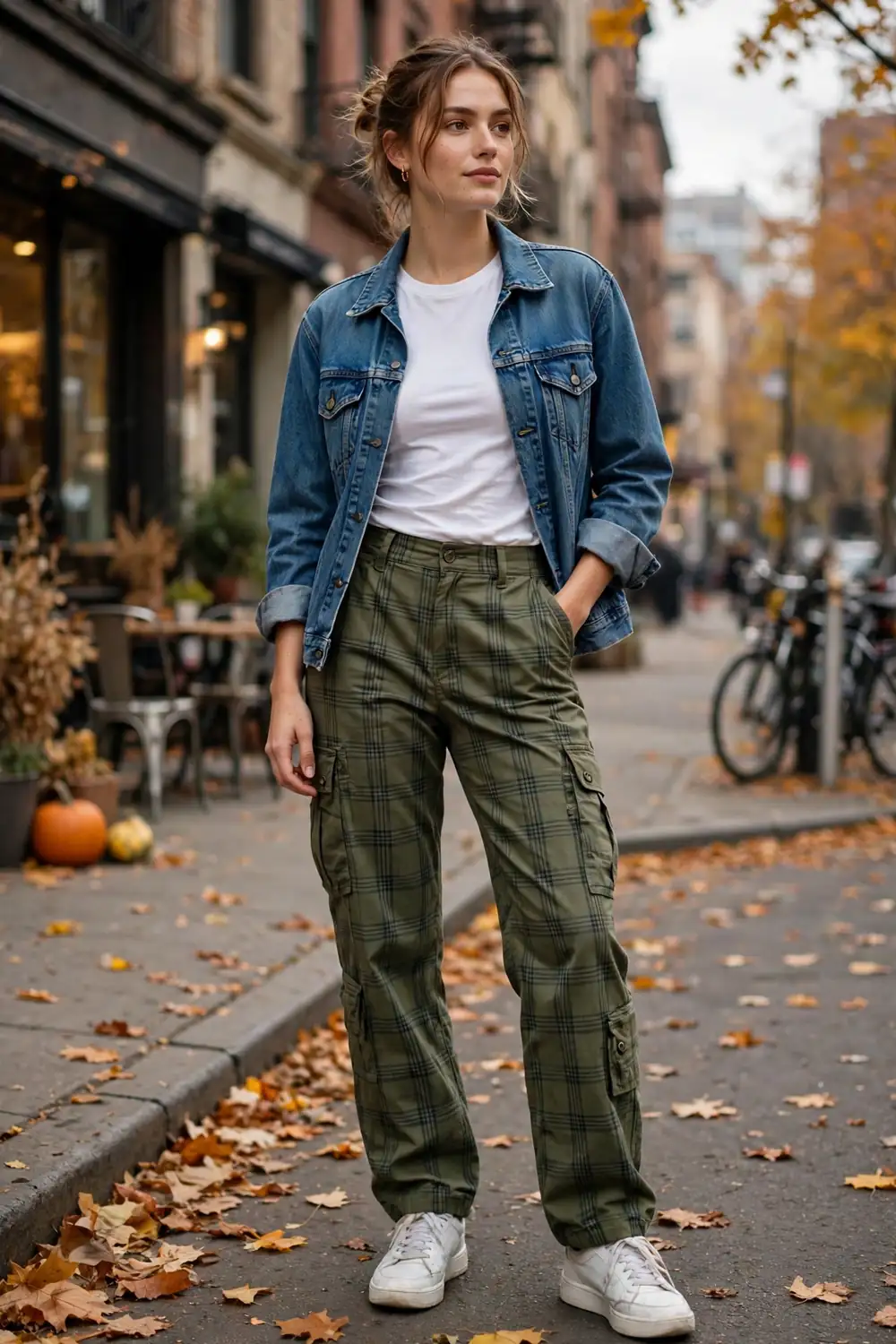 Woman wearing olive green plaid cargo pants with white tee and denim jacket