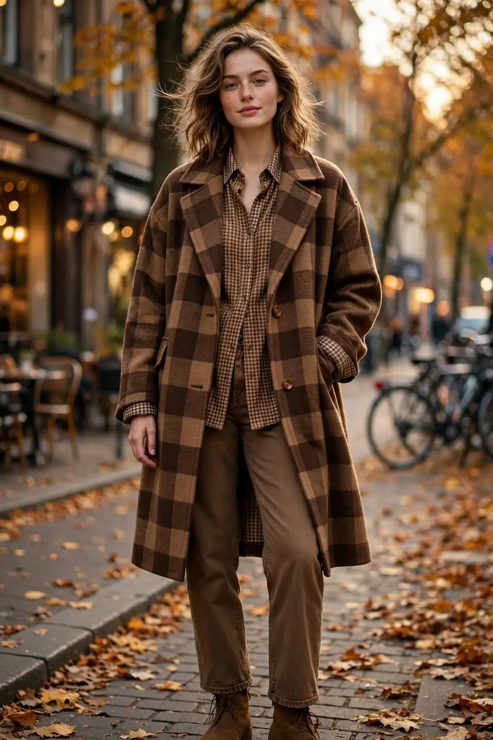 Woman wearing small check plaid shirt layered under large check plaid coat in brown tones