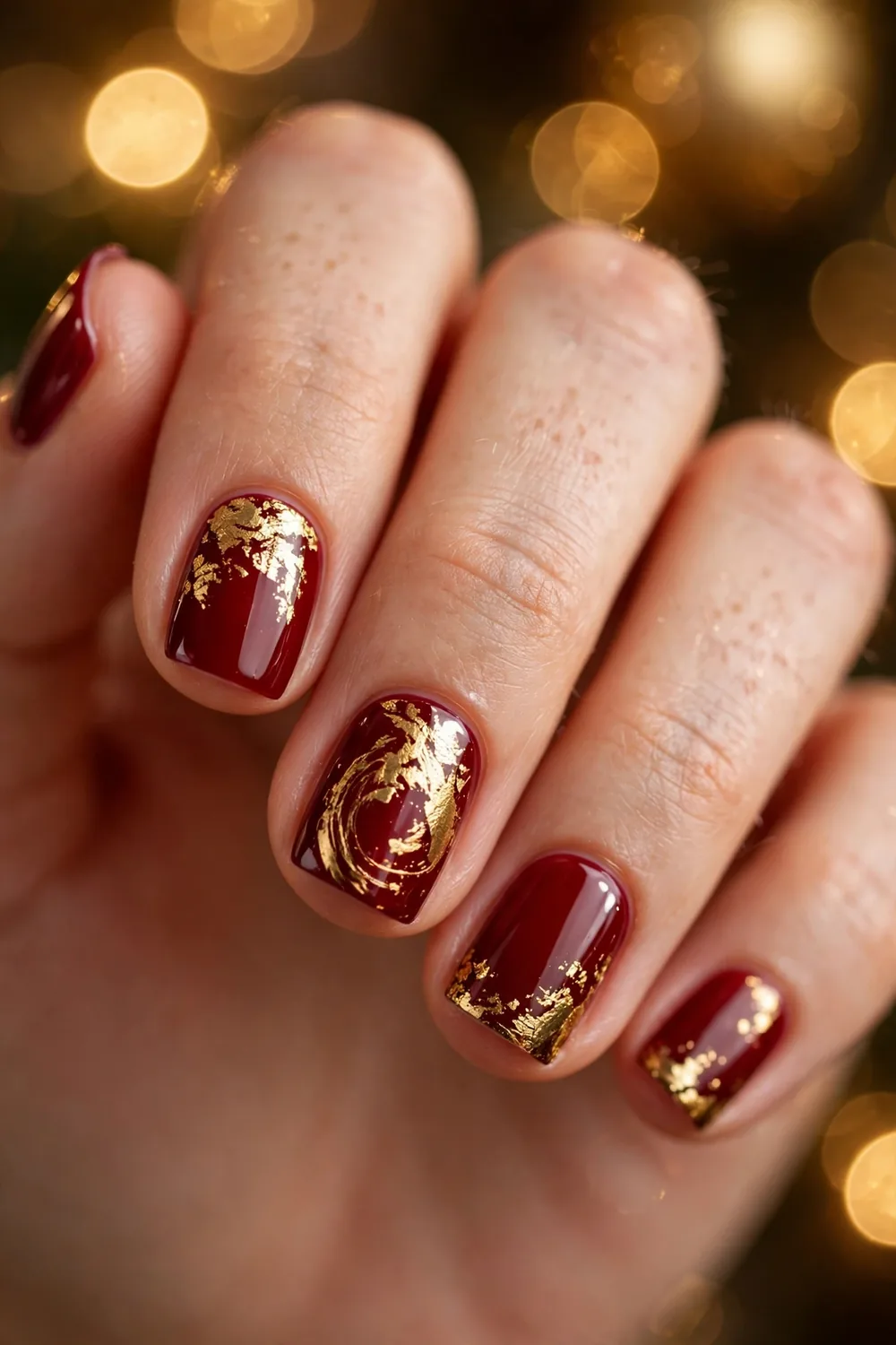 Close up photo of short square nails painted with deep cherry red glossy polish for the holidays