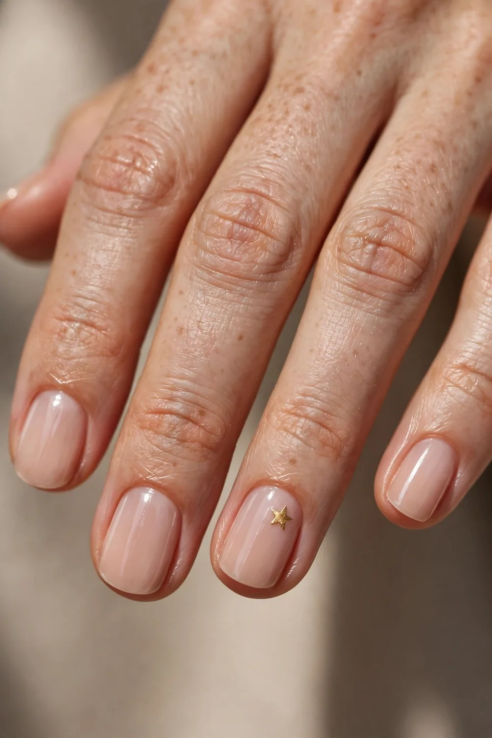 Photo of short nude nails with one tiny metallic gold star accent on the ring finger