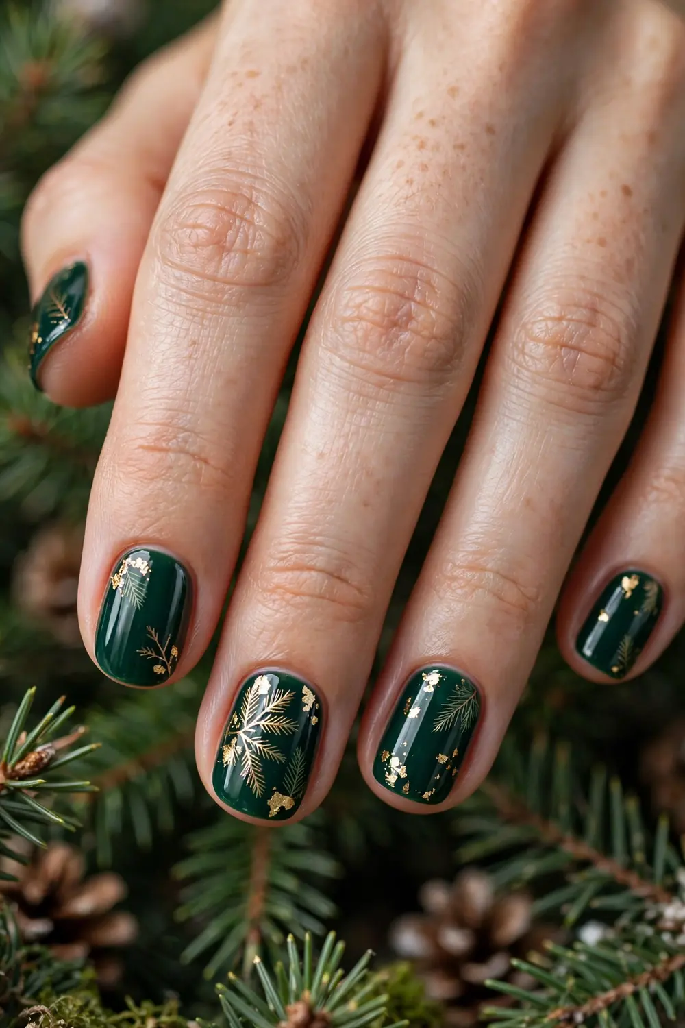 Photo of short nails painted with deep emerald green glossy polish
