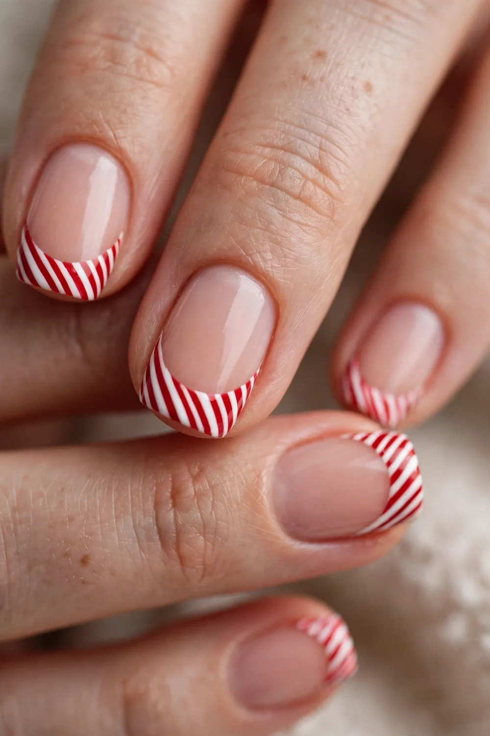 Photo of short nails with nude base and red and white diagonal candy cane French tips