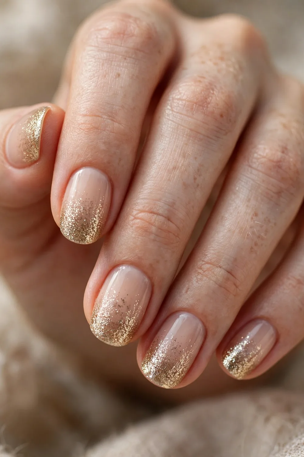 Photo of short nails with nude base fading into champagne glitter at the tips