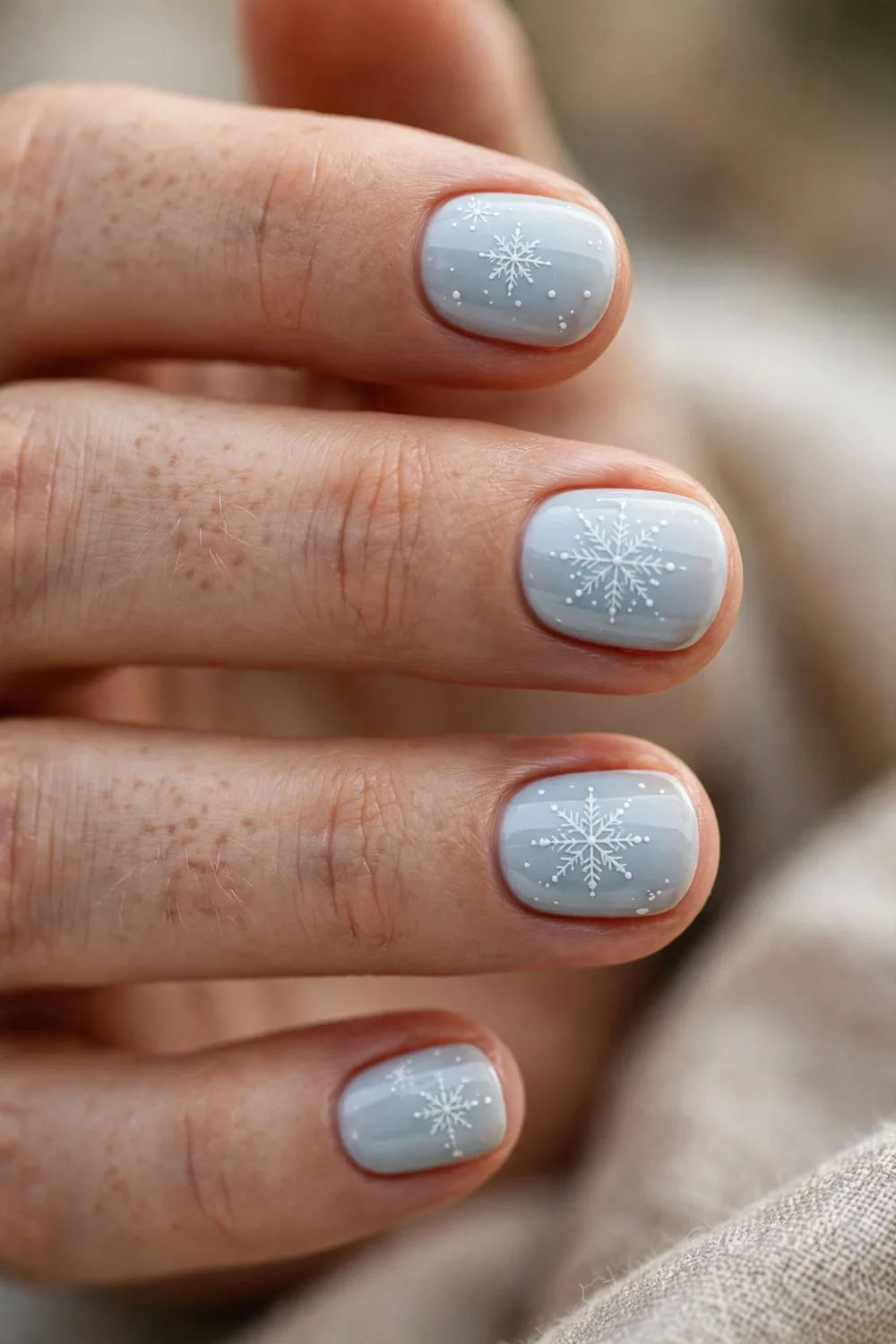 Photo of short nails with pale icy blue base and tiny white snowflake nail art