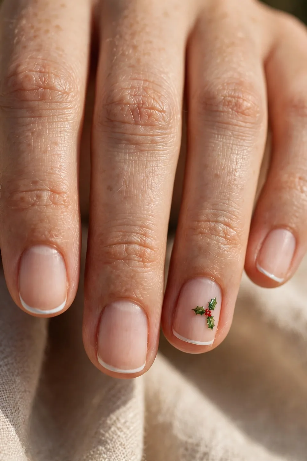 Photo of short nails with white micro French tips and a tiny holly sprig accent