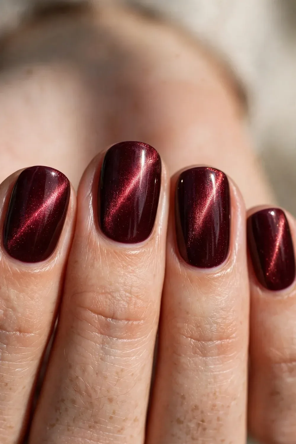 Photo of short nails with magnetic cat eye shimmer in deep burgundy polish