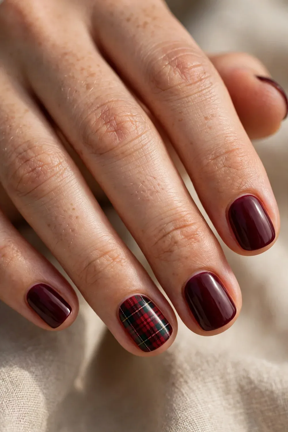 Photo of short burgundy nails with one tartan plaid accent nail on the ring finger