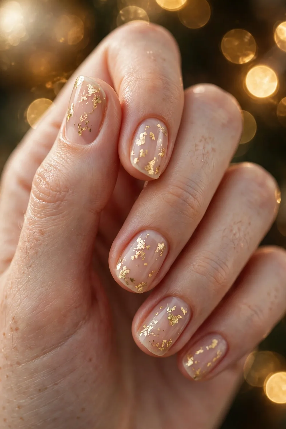 Photo of short nails with sheer nude base and delicate gold leaf flecks