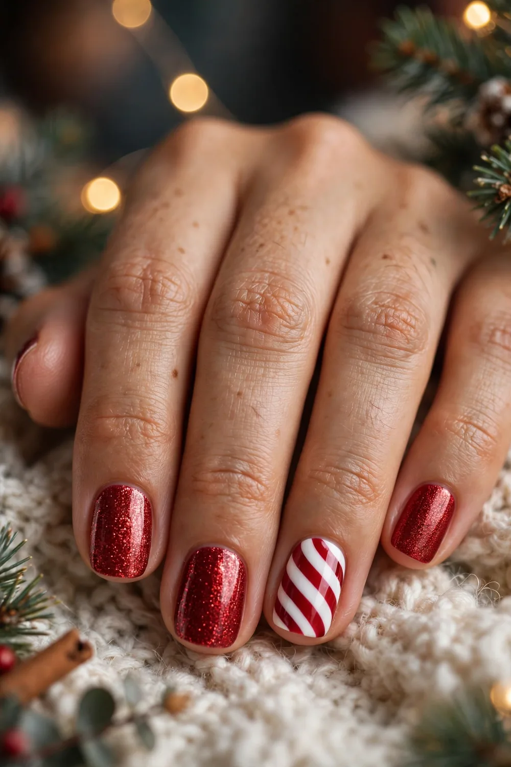 Photo of short red shimmer nails with a white candy cane swirl accent nail