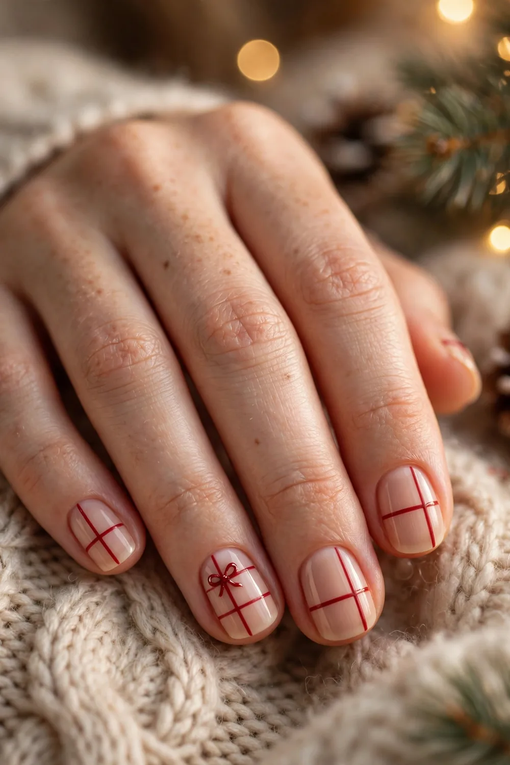 Photo of short nude nails with thin red ribbon lines and a tiny bow detail