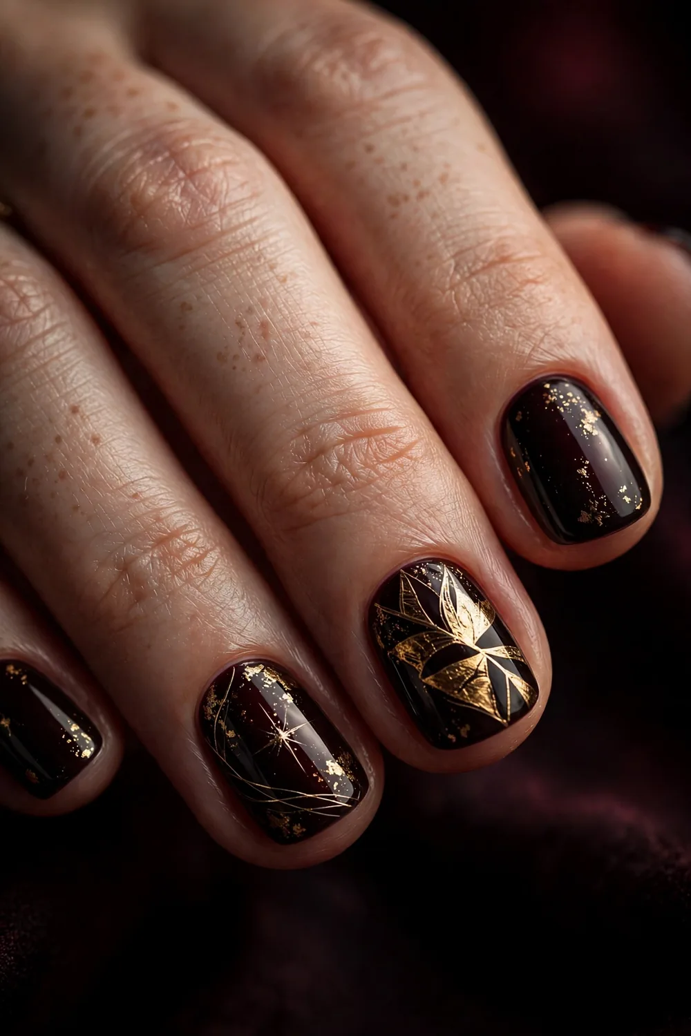 Photo of short nails with moody dark black cherry glossy polish