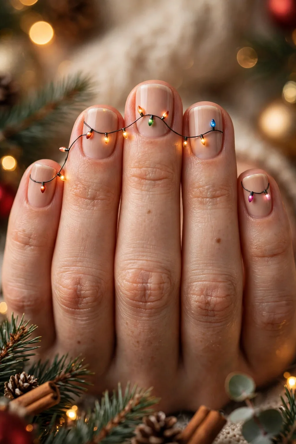 Photo of short nude nails with tiny colorful Christmas light bulbs strung across each nail