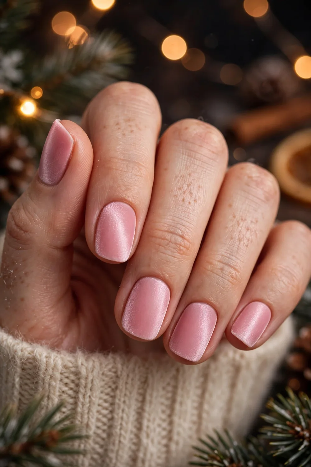 Photo of short nails with soft pink velvet effect polish