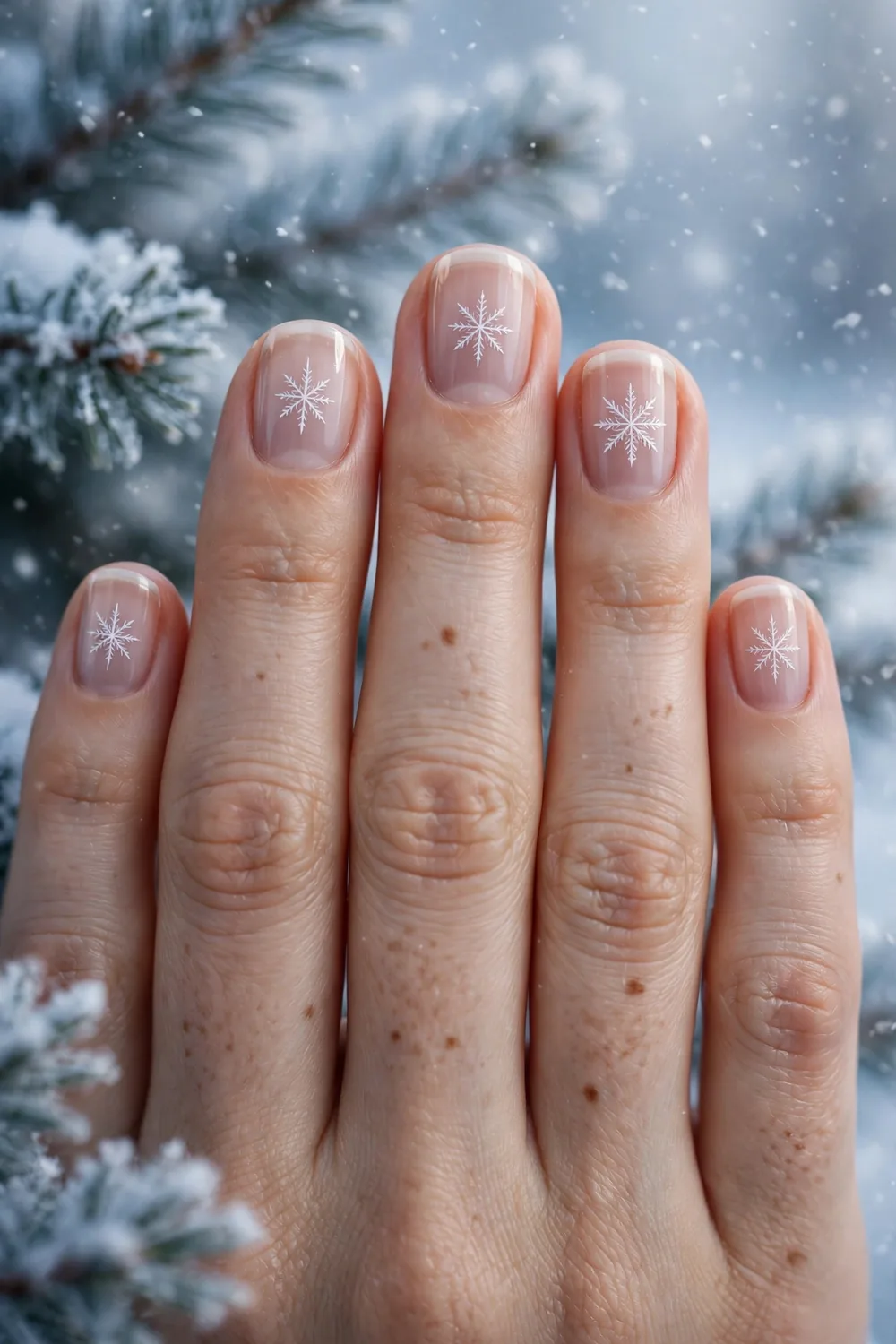 Photo of short nails with sheer nude polish and one delicate white snowflake on each nail